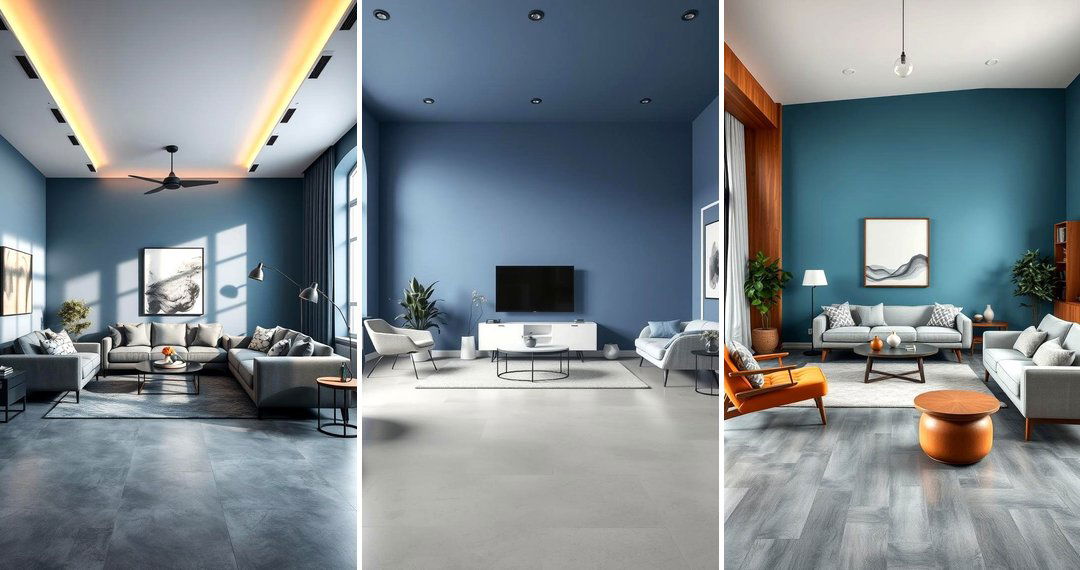 24 grey floor living room with blue walls ideas