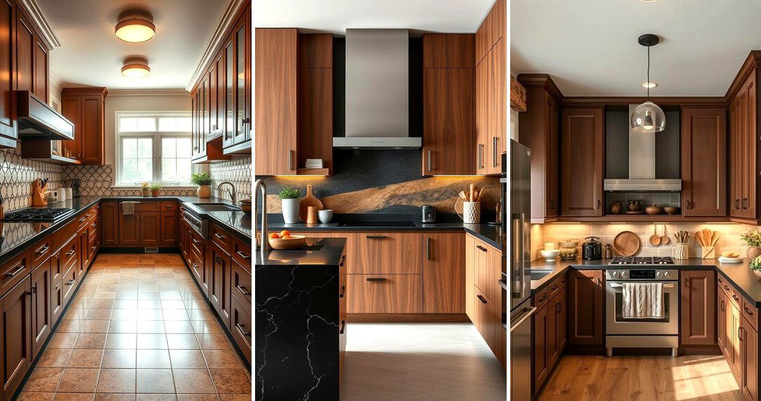 24 Warm Kitchen Ideas with Brown Cabinets & Black Counters