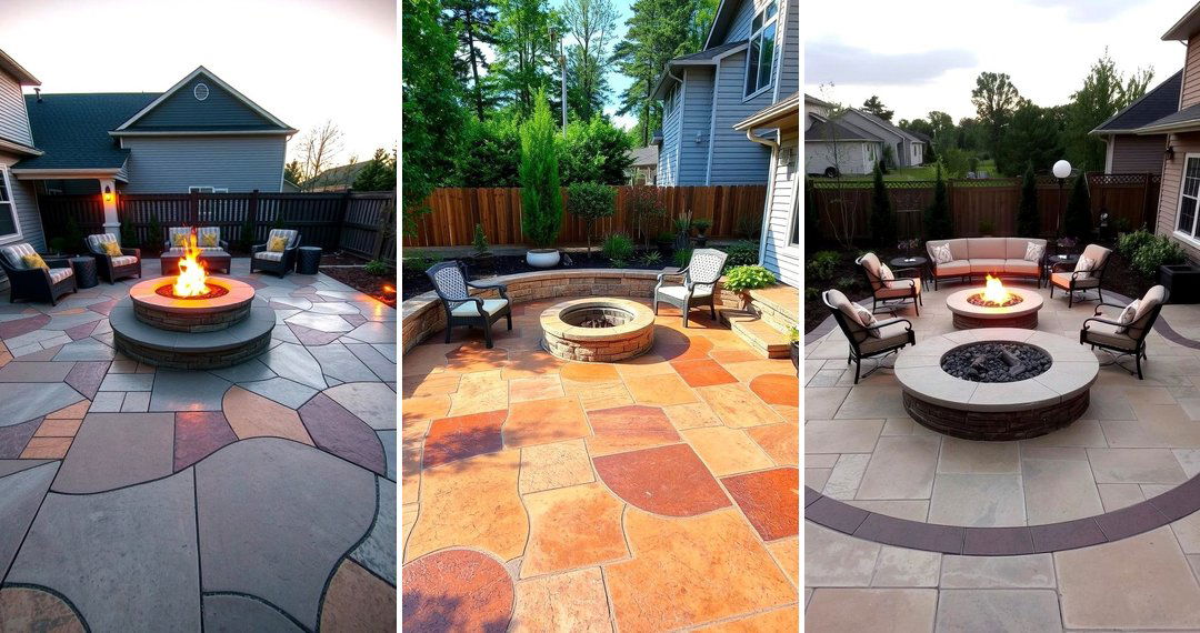 24 Stamped Concrete Patio Ideas with Fire Pit Designs