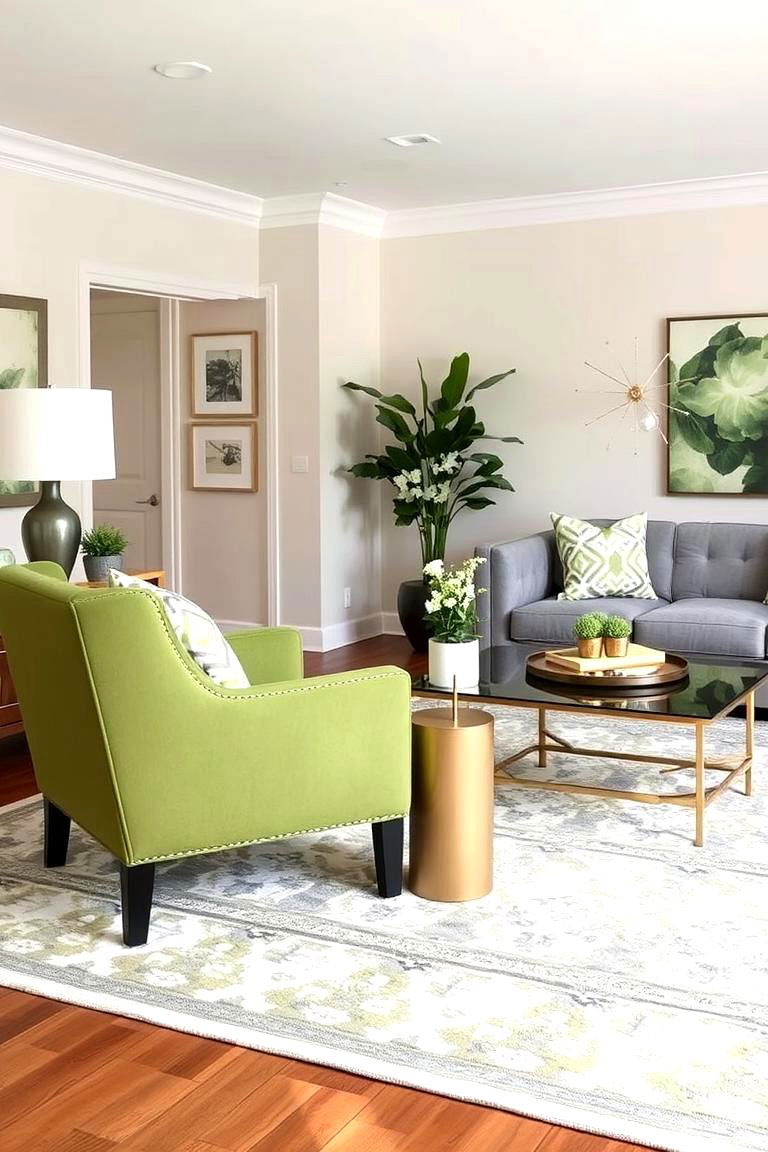 A Balanced Mix of Green and Grey in a Transitional Style - 24 Green and Grey Living Room Ideas