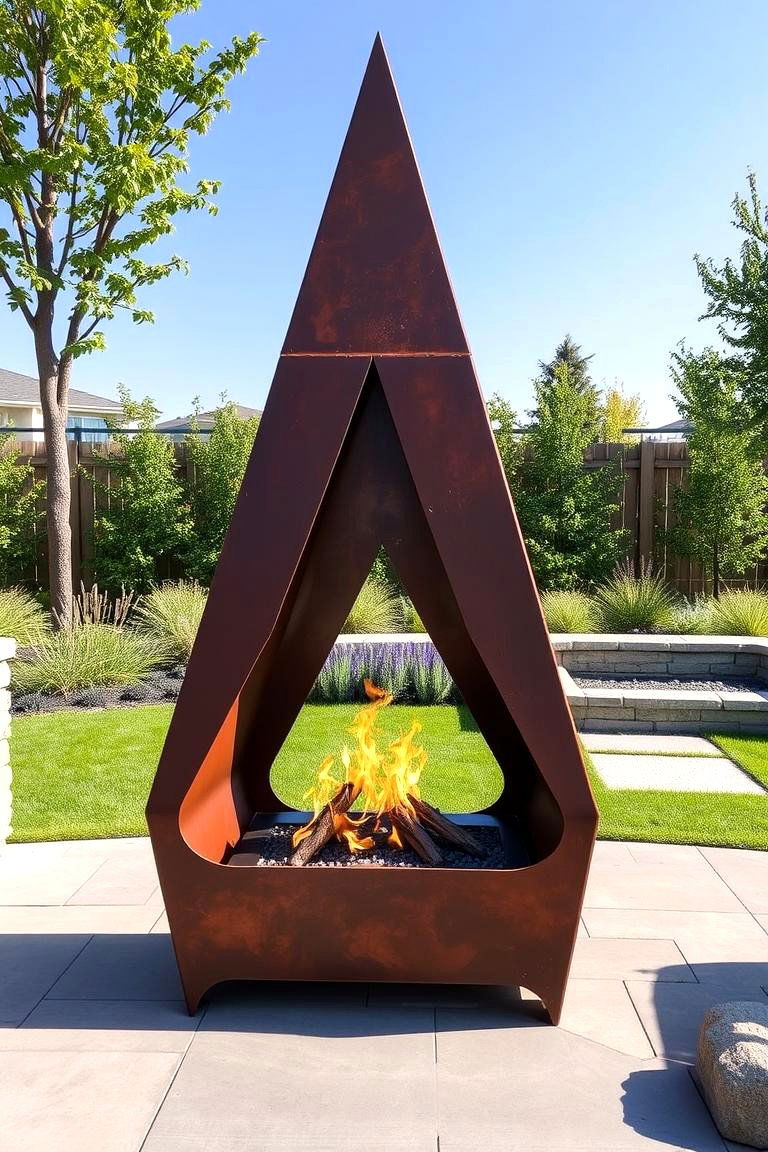 A Contemporary Metal Outdoor Fireplace - 24 Outdoor Fireplace Ideas