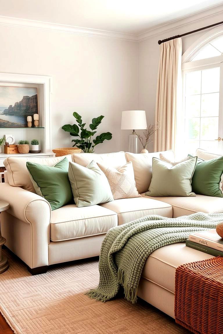 A Cozy Cream Sectional with Sage Green Accents - 24 sage green and cream living room ideas