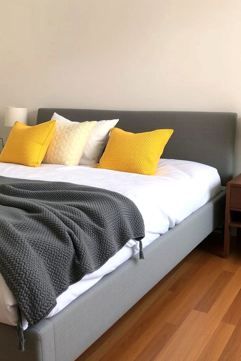 A Grey Bed Frame with Yellow Throw Pillows - 24 Yellow and Grey Bedroom Ideas