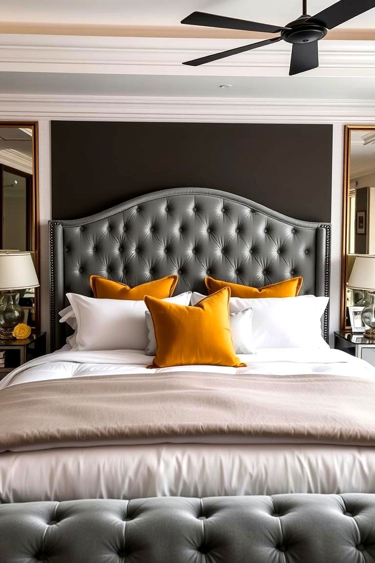 A Grey Upholstered Headboard with Yellow Bedding - 24 Yellow and Grey Bedroom Ideas