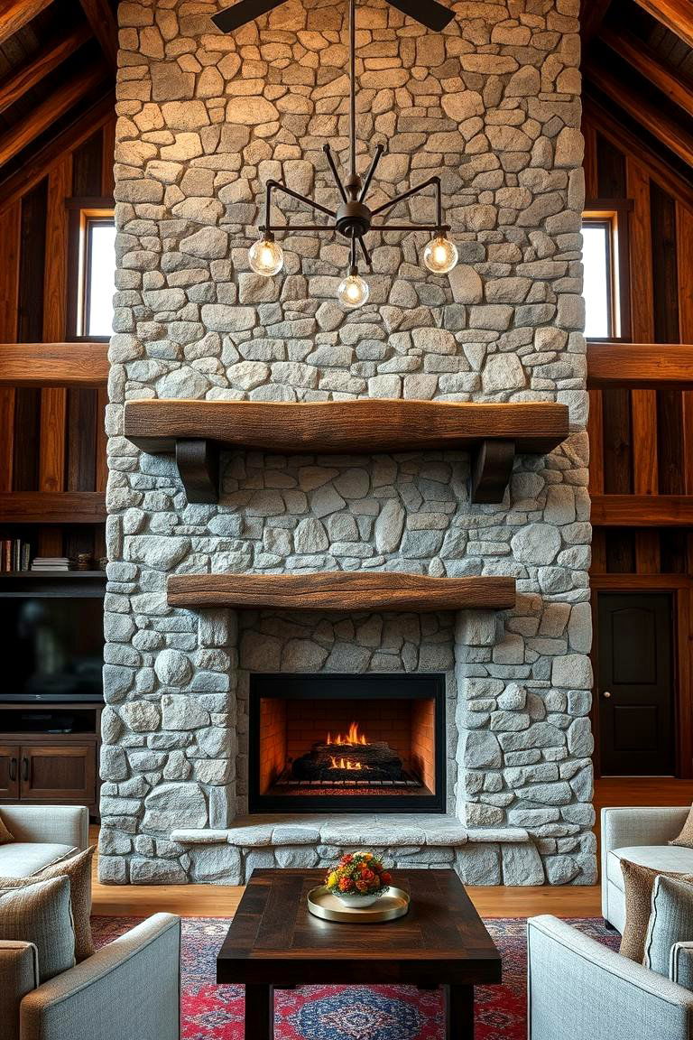 A Majestic Stone Fireplace - 24 Rustic Barndominium Interior Design Ideas