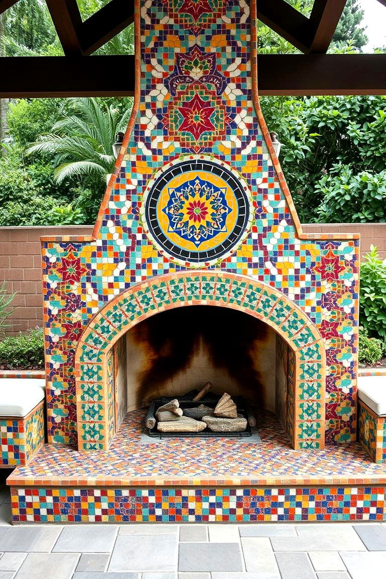 A Mosaic Tile Outdoor Fireplace - 24 Outdoor Fireplace Ideas
