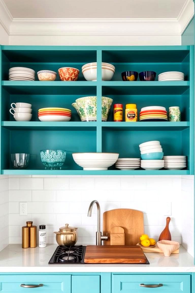 A Pop of Personality Painting Shelves in a Contrasting Color - 24 Open Shelving Kitchen Ideas