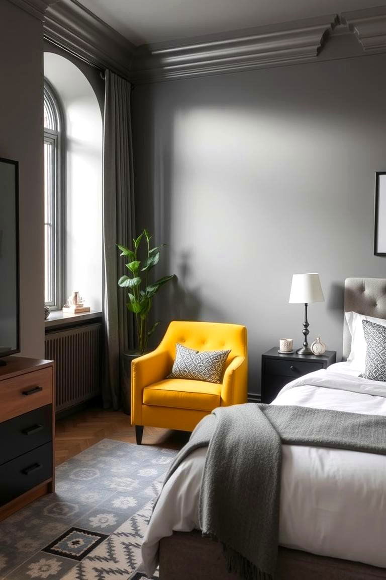 A Small Yellow Accent Chair in a Grey Corner - 24 Yellow and Grey Bedroom Ideas
