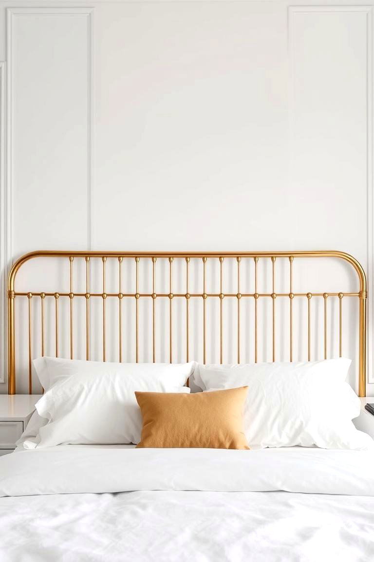 A Statement Gold Headboard Against a White Wall - 24 White and Gold Bedroom Ideas