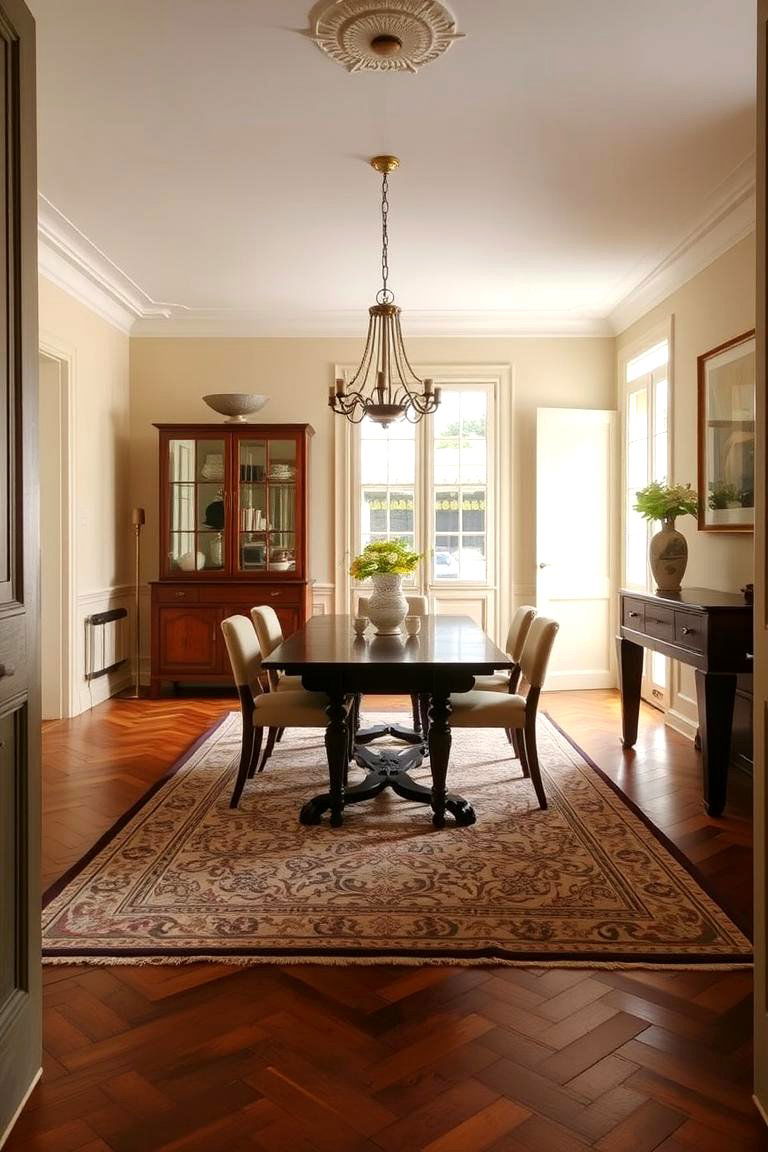 A Well Defined Rug to Anchor the Space - 24 Parisian Dining Room Ideas