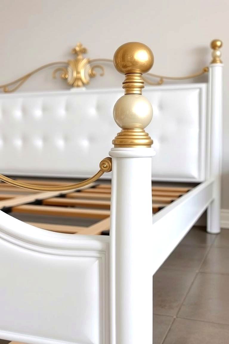 A White Bed Frame with Gold Metal Accents - 24 White and Gold Bedroom Ideas