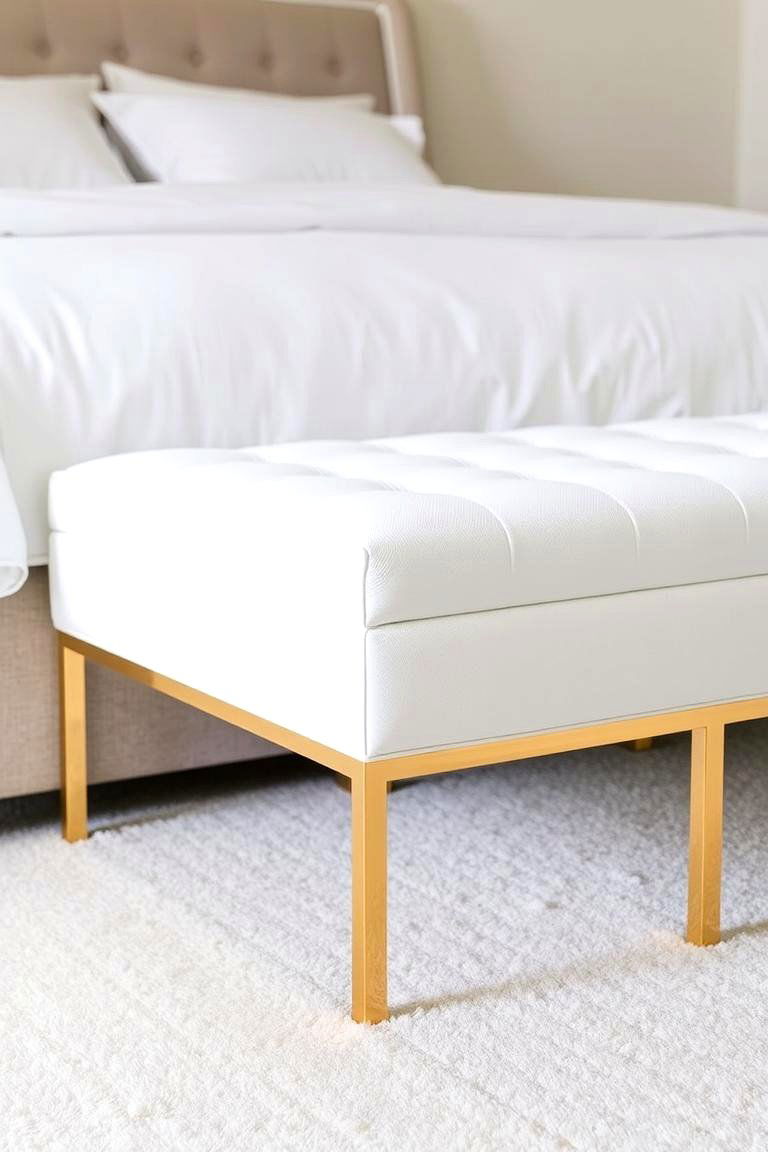 A White Bench with Gold Legs at the Foot of the Bed - 24 White and Gold Bedroom Ideas