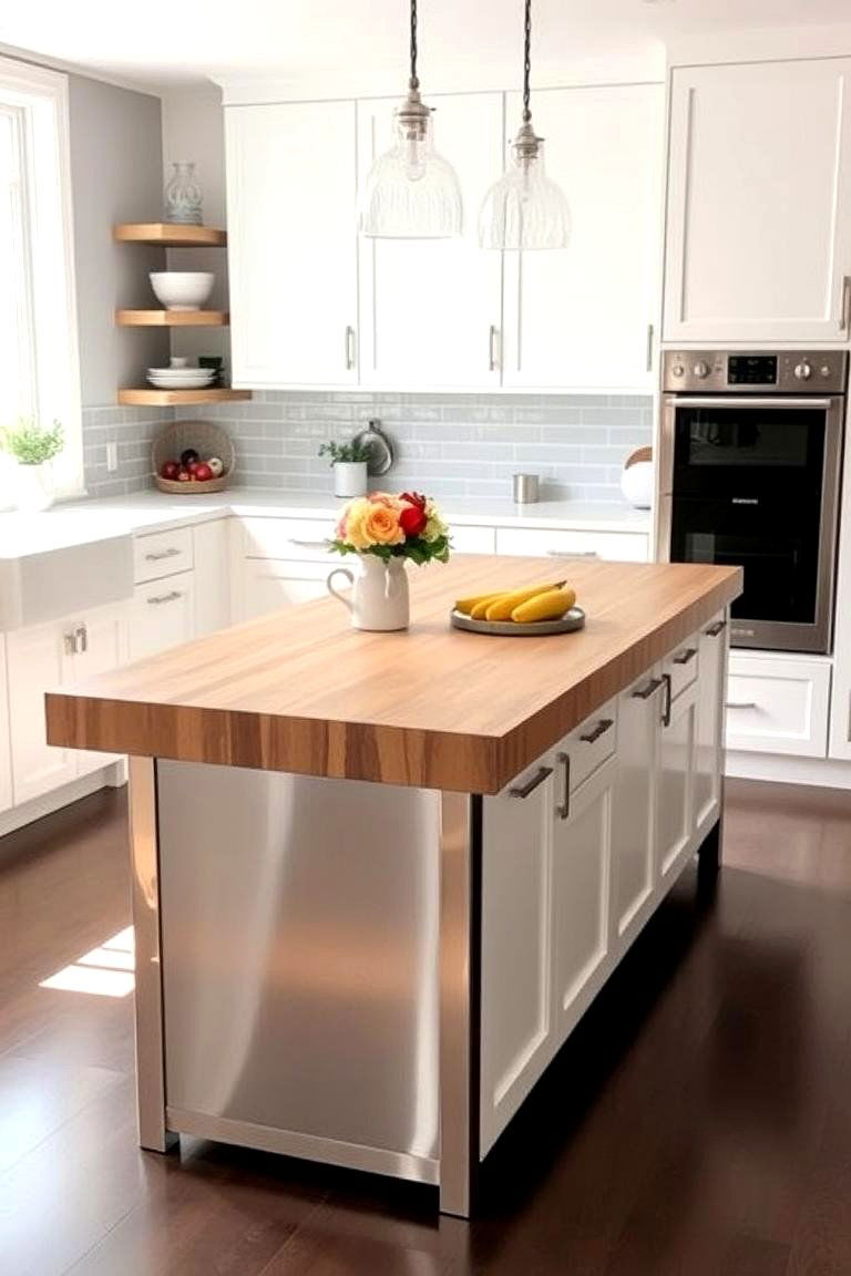 A White Butcher Block Island Top with Stainless Steel Base - 24 White Kitchen with Stainless Steel Appliances Ideas