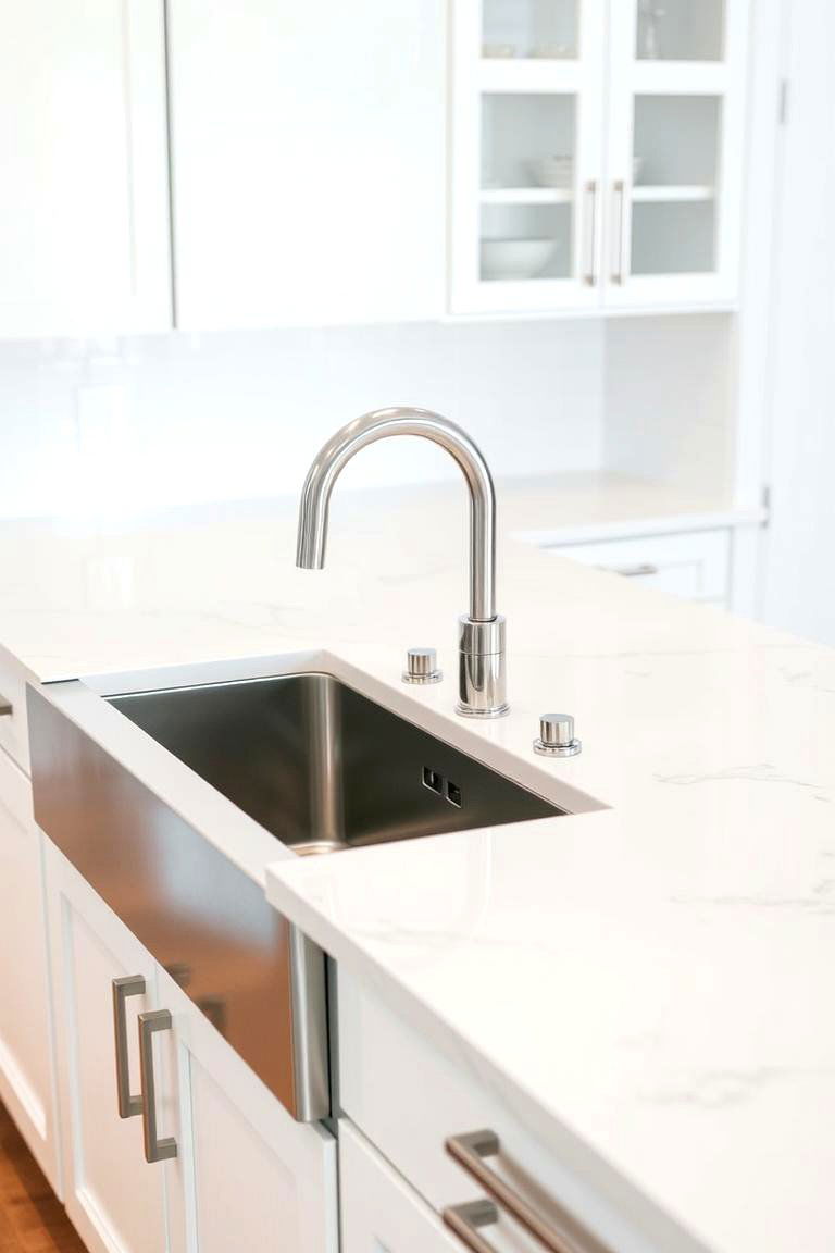 A White Quartz Countertop with a Stainless Steel Undermount Sink - 24 White Kitchen with Stainless Steel Appliances Ideas