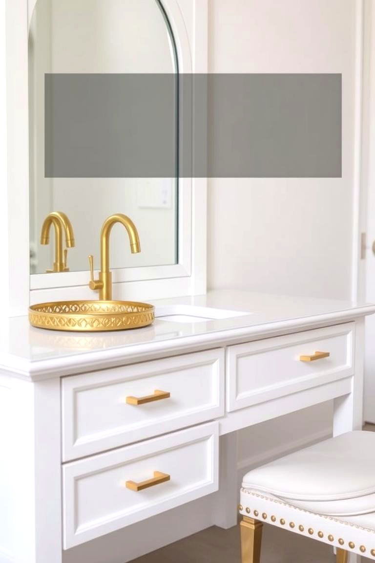 A White Vanity with Gold Fixtures and Accessories - 24 White and Gold Bedroom Ideas