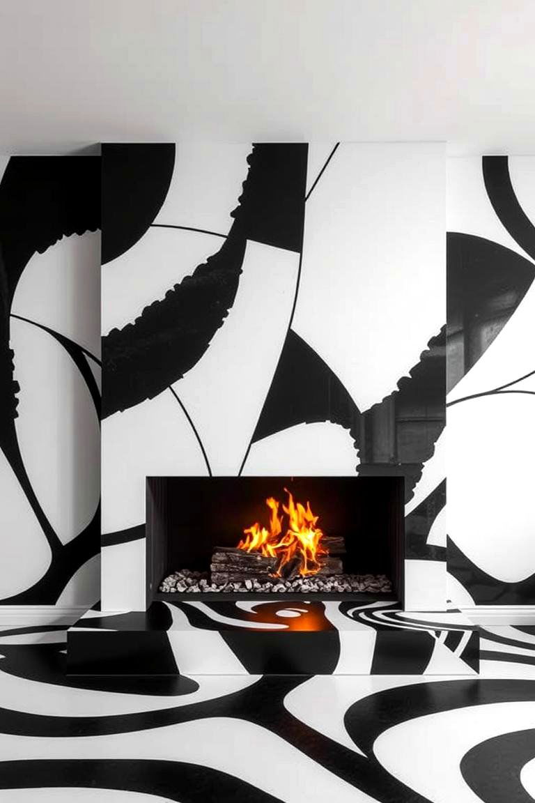 Abstract Art Integration - 24 Black and White Fireplace Ideas