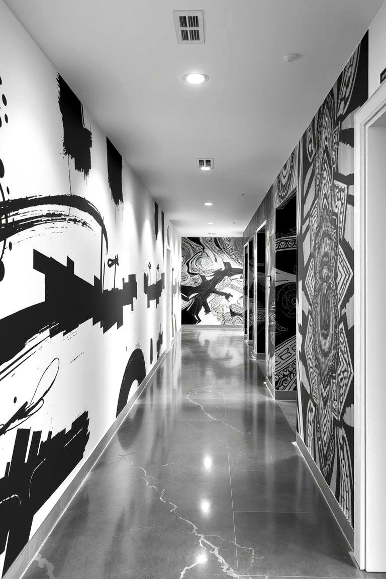 Abstract Murals for Impact - 24 Black and White Hallway Ideas