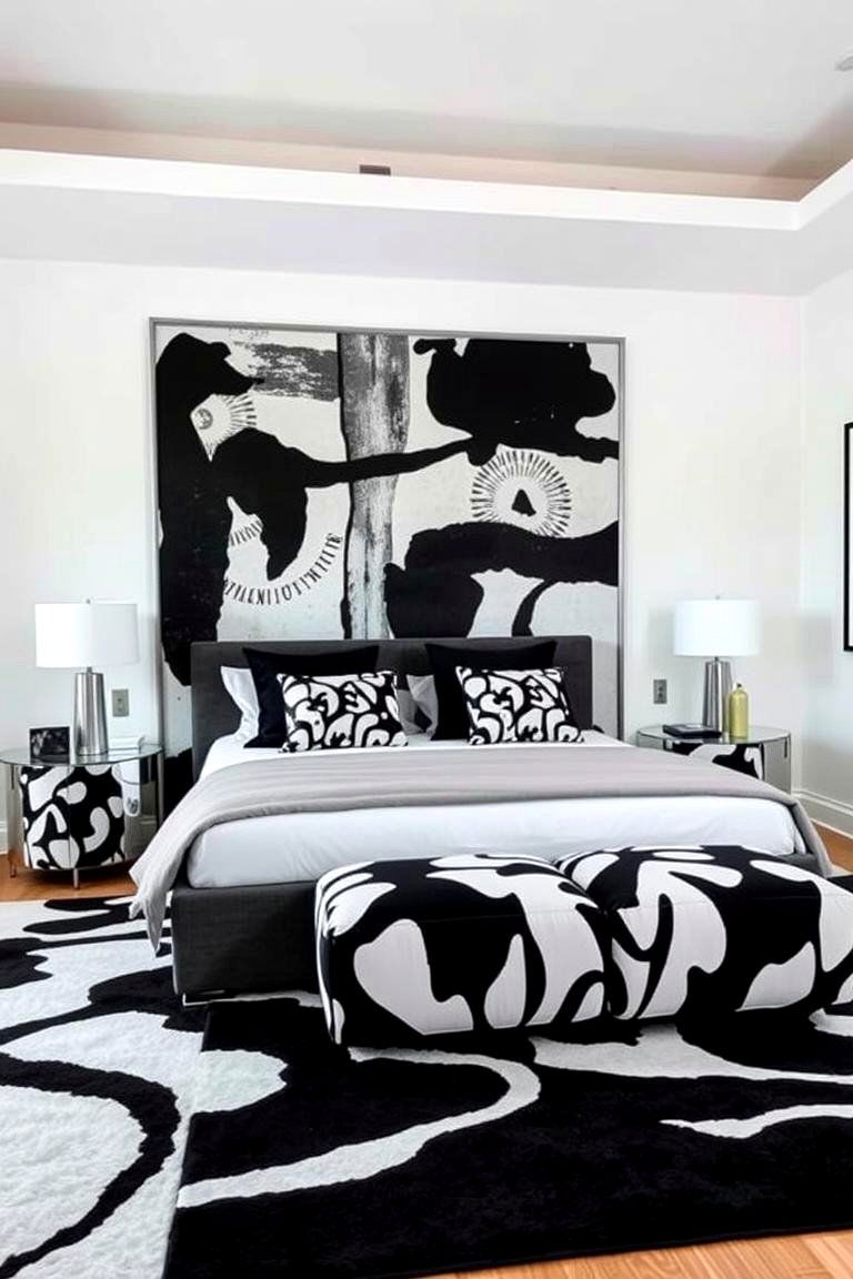 Abstract Patterned Furnishings - 24 Feminine Black and White Bedroom Ideas