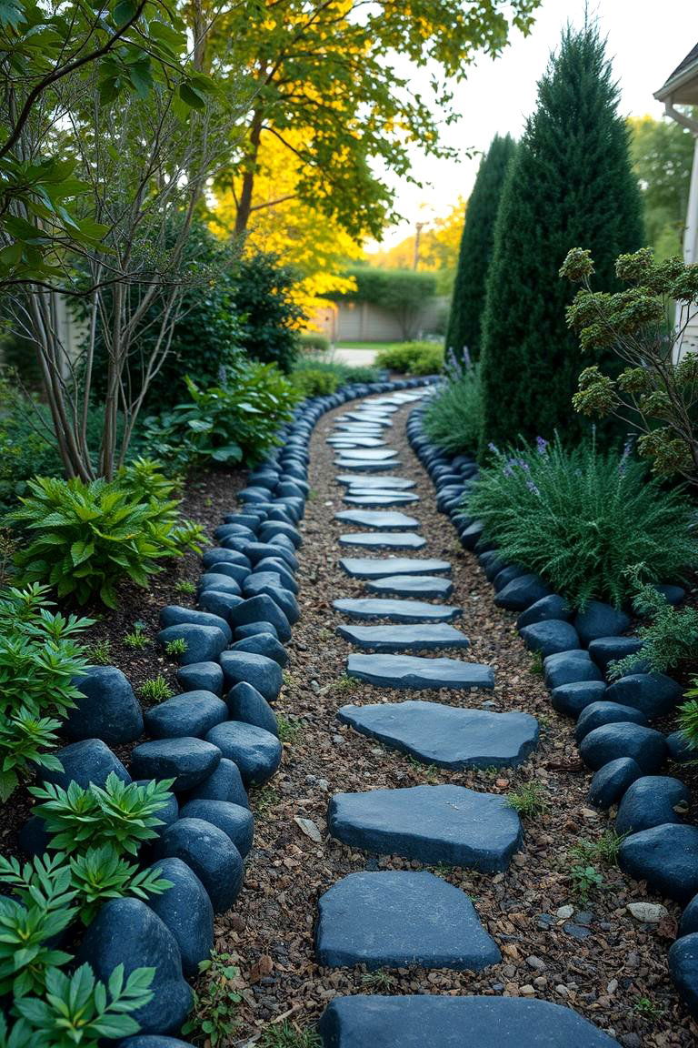 Accent Pathway with Black River Rock - 24 Black River Rock Landscaping Ideas