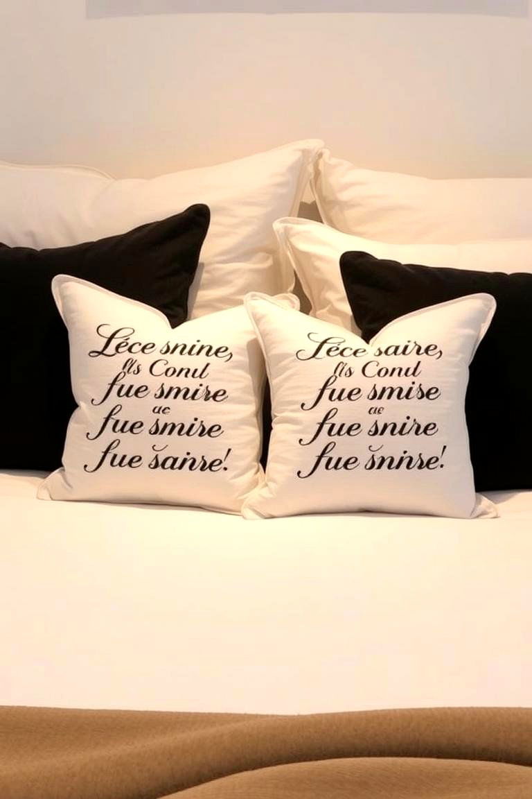 Accent Pillows with French Script - 24 Paris-themed Bedroom Ideas