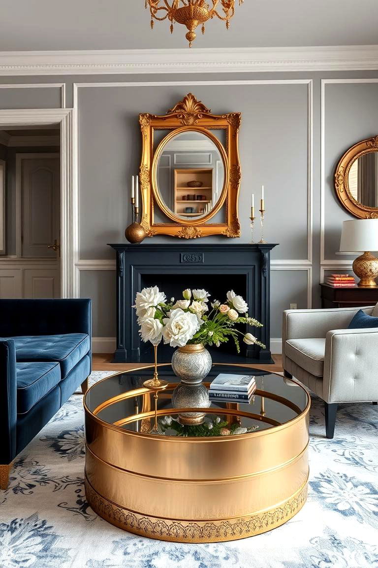 Accenting with Metallic Touches - 24 Navy Blue and Grey Living Room Ideas