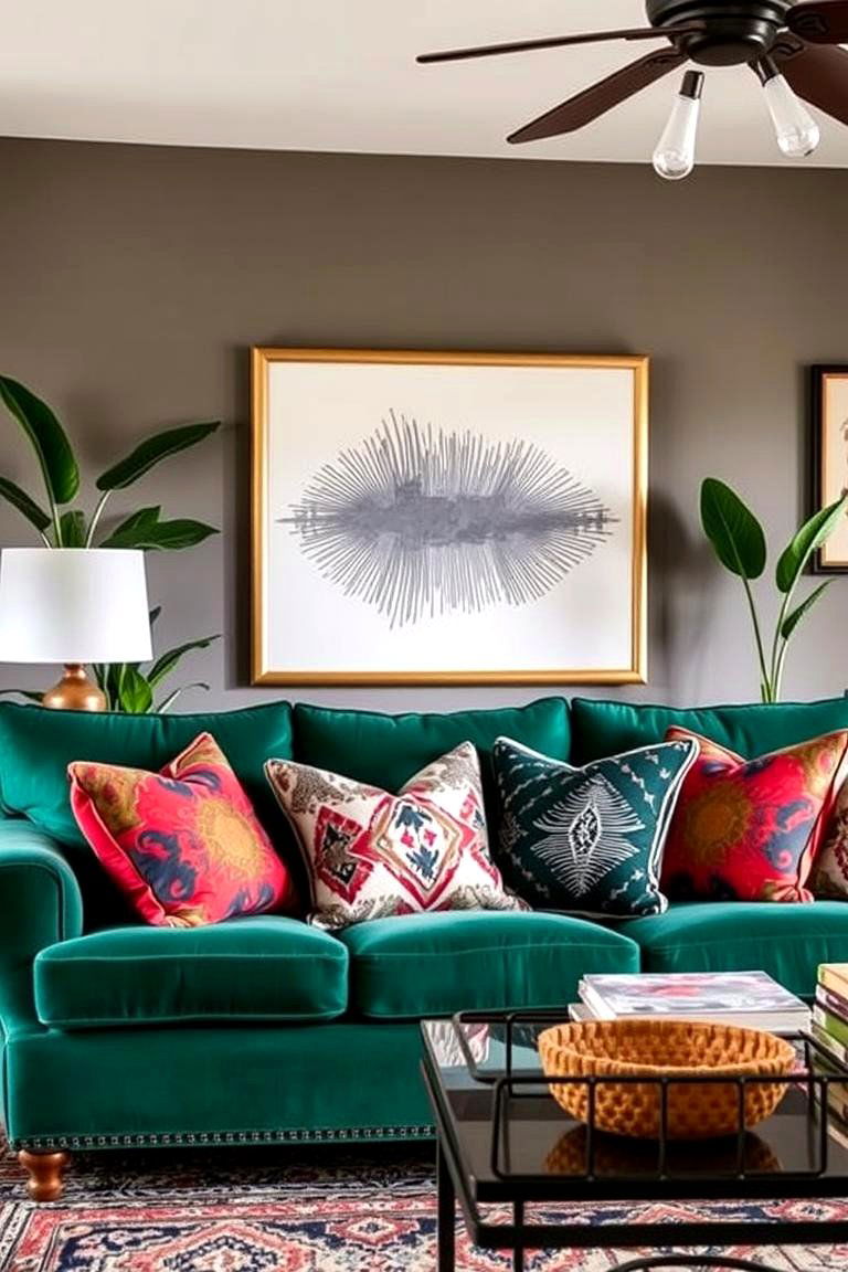 Add Bold Patterns with Throw Pillows - 24 Emerald Green Sofa Living Room Ideas
