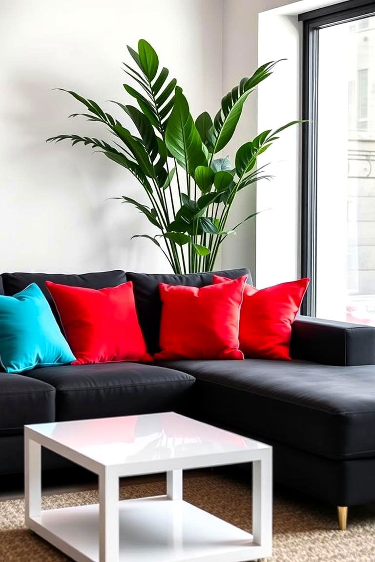 Add Bold Throw Pillows for a Pop of Color - 24 Living Room Ideas With Black Couches