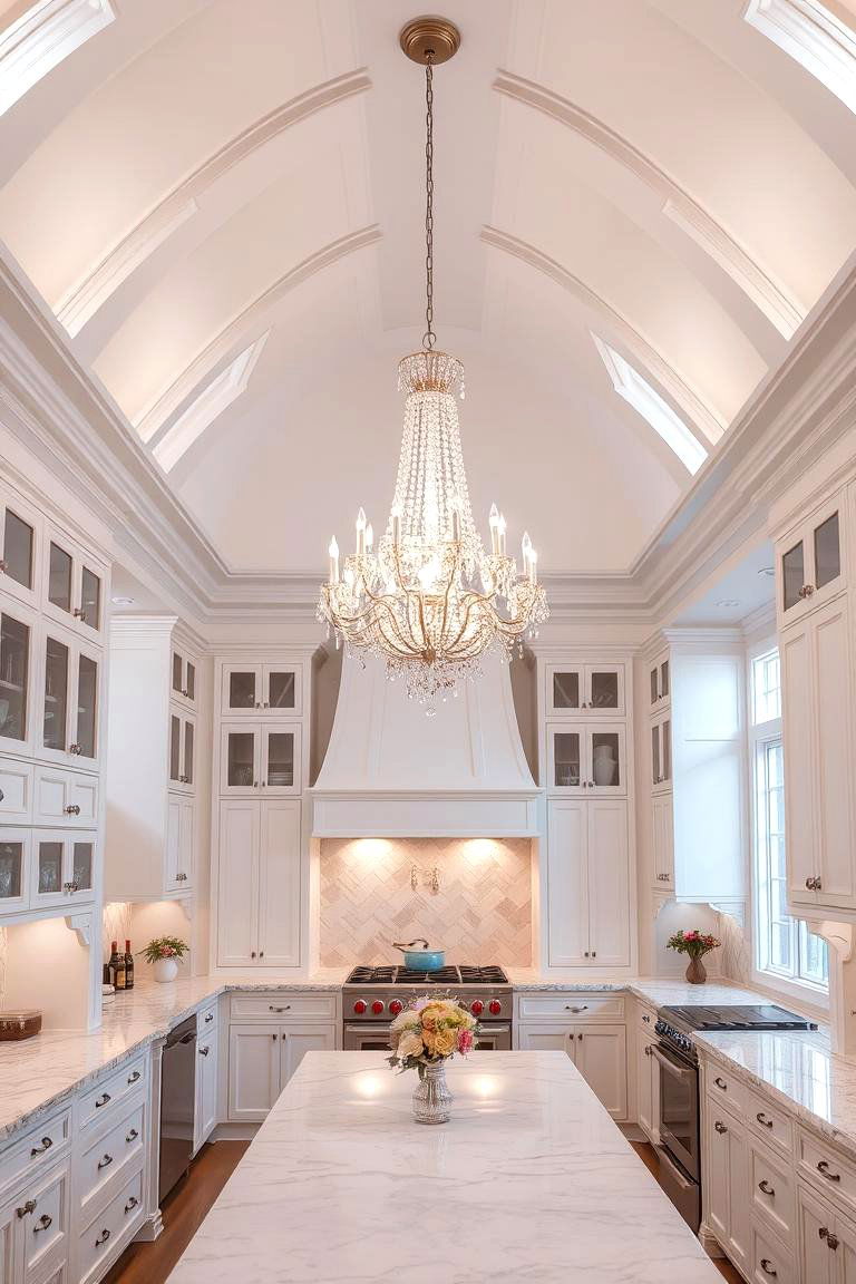 Add Elegance with a Statement Chandelier - 24 Vaulted Ceiling Kitchen Ideas