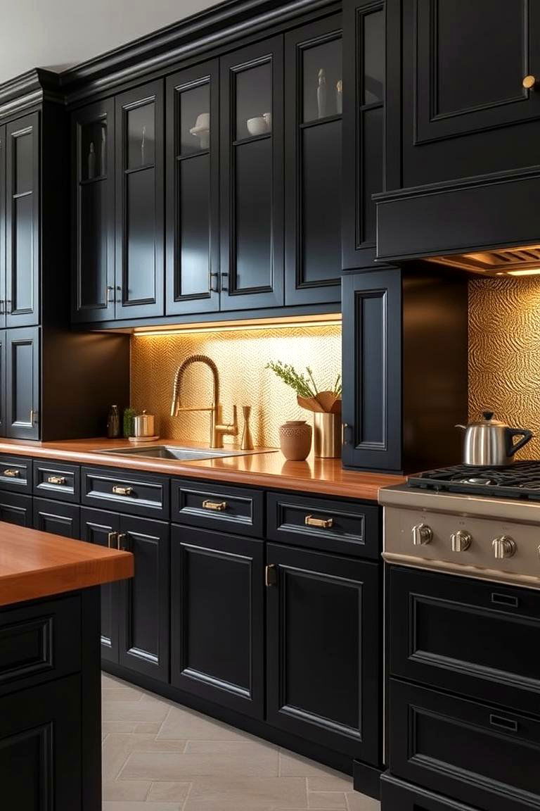 Add Metallic Accents for Glamour - 24 Kitchen With Black Cabinets And Wood Countertops Ideas