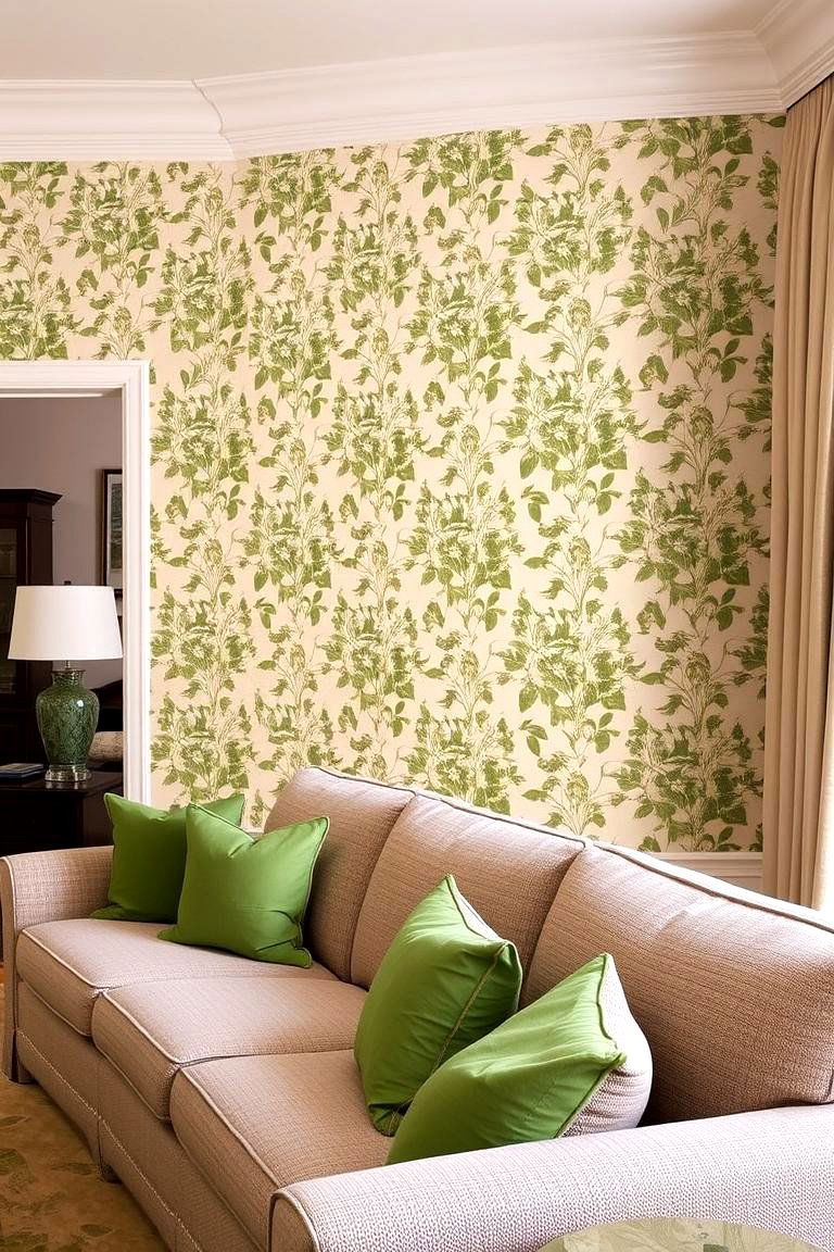 Add Pattern and Texture with Green Wallpaper - 24 Green Living Room Ideas