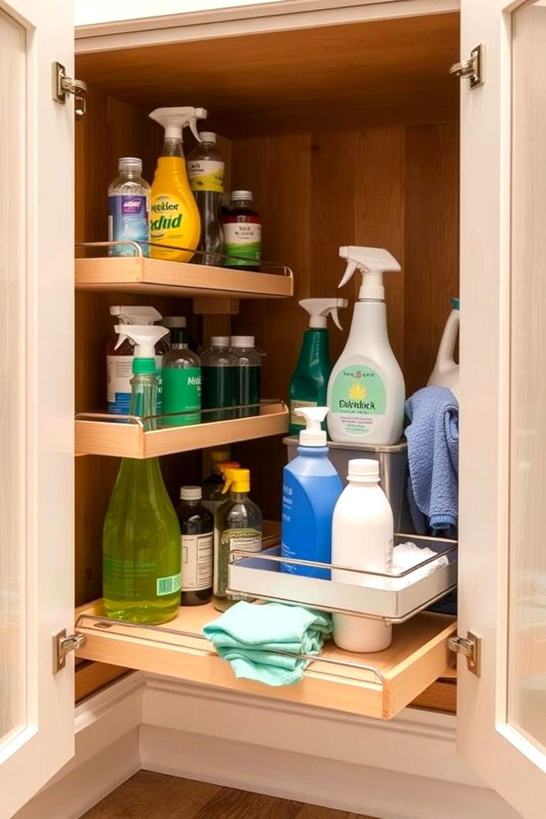 Add Pull Out Shelf Organizers for Cleaning Supplies - 24 Kitchen Cabinet Organization Ideas