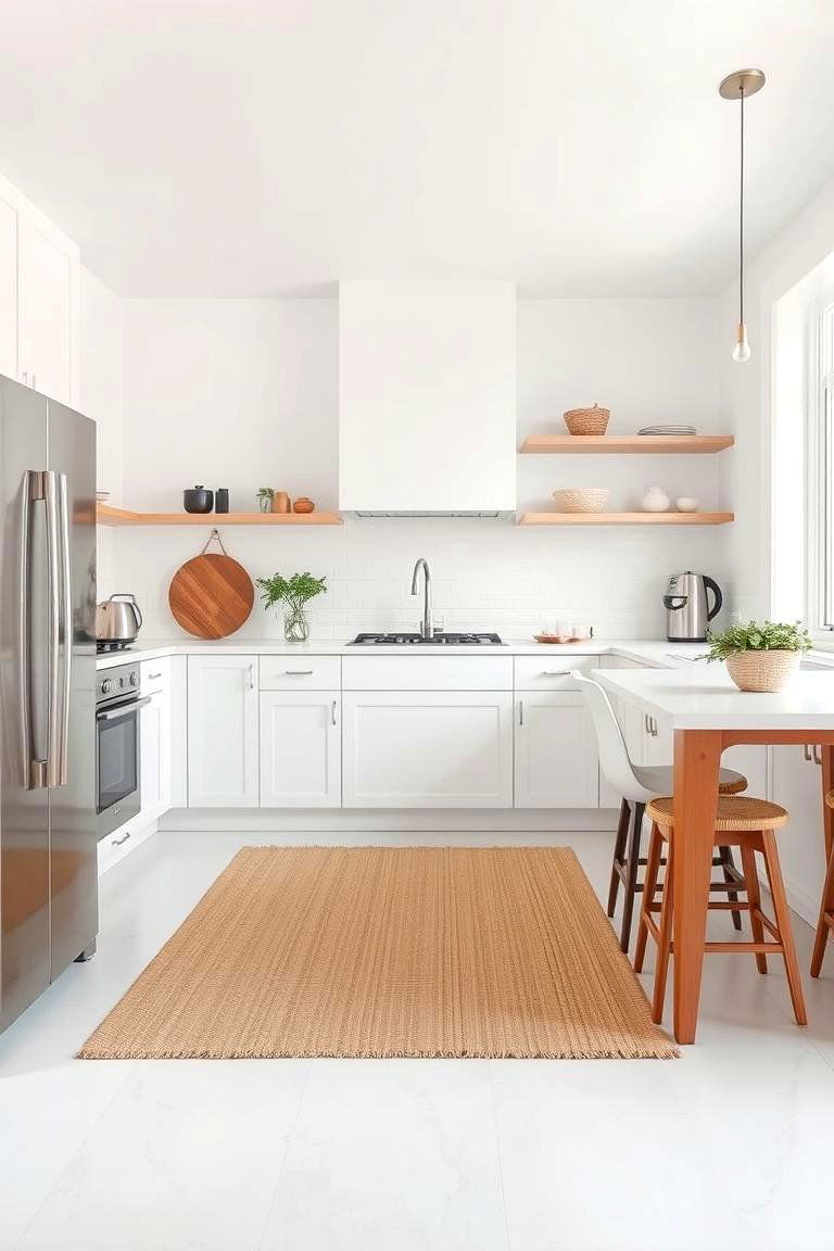 Add Soft Plush Textures with Rugs - 24 Small White Kitchen Ideas