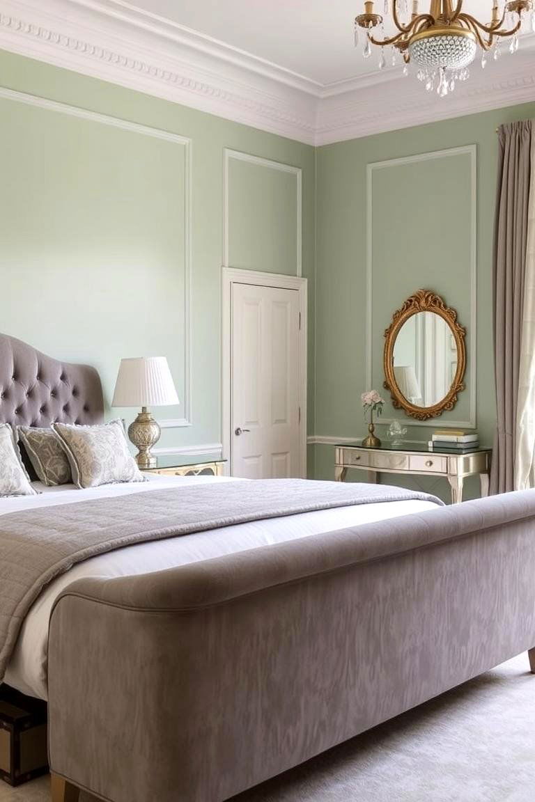Add Subtle Metallic Touches - 24 Sage Green and Grey Bedroom Ideas