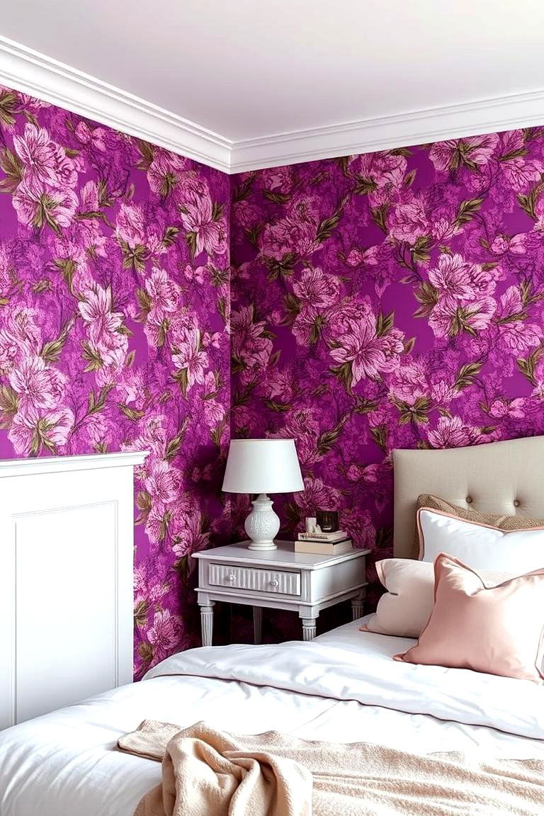 Add Whimsical Charm with Purple Floral Wallpaper - 24 Purple Bedroom Ideas