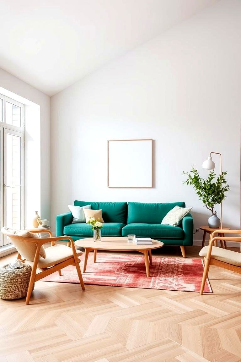 Add White and Wood for a Scandinavian Look - 24 Emerald Green Sofa Living Room Ideas