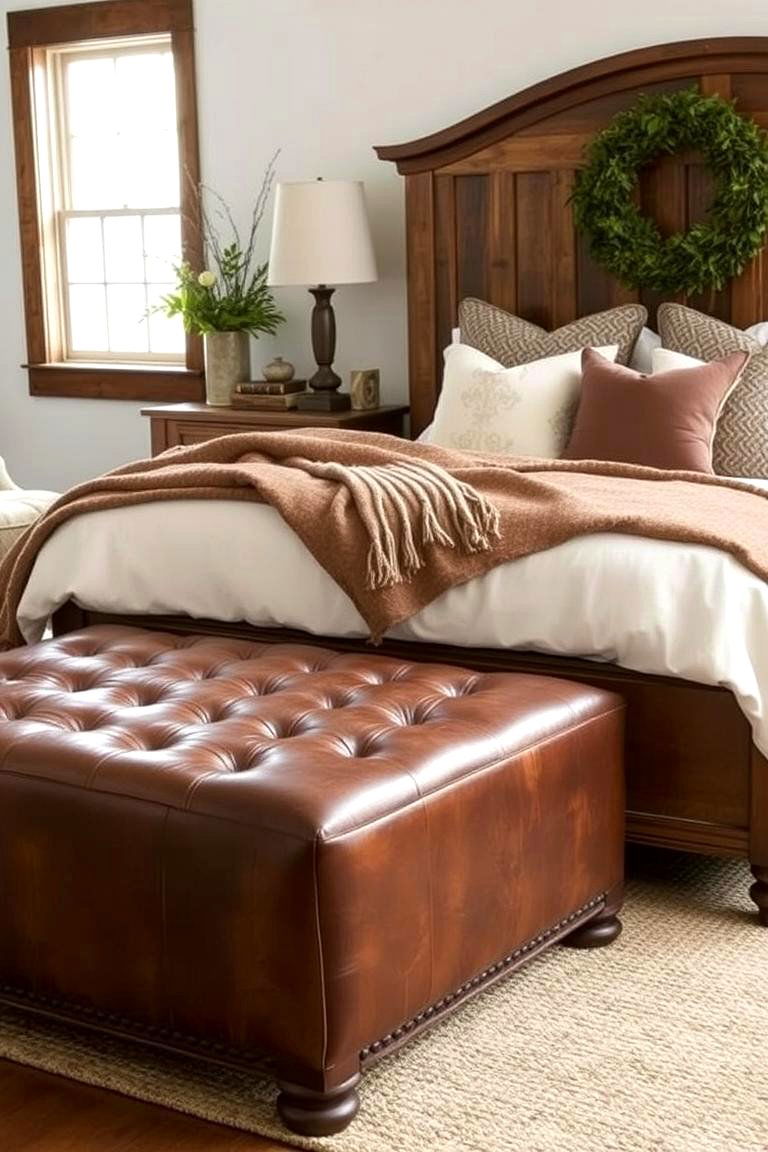 Add a Cozy Ottoman - 24 Farmhouse Bedroom Ideas