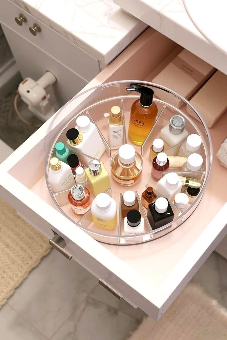 Add a Lazy Susan for Convenient Access - 24 Bathroom Drawer Organization Ideas