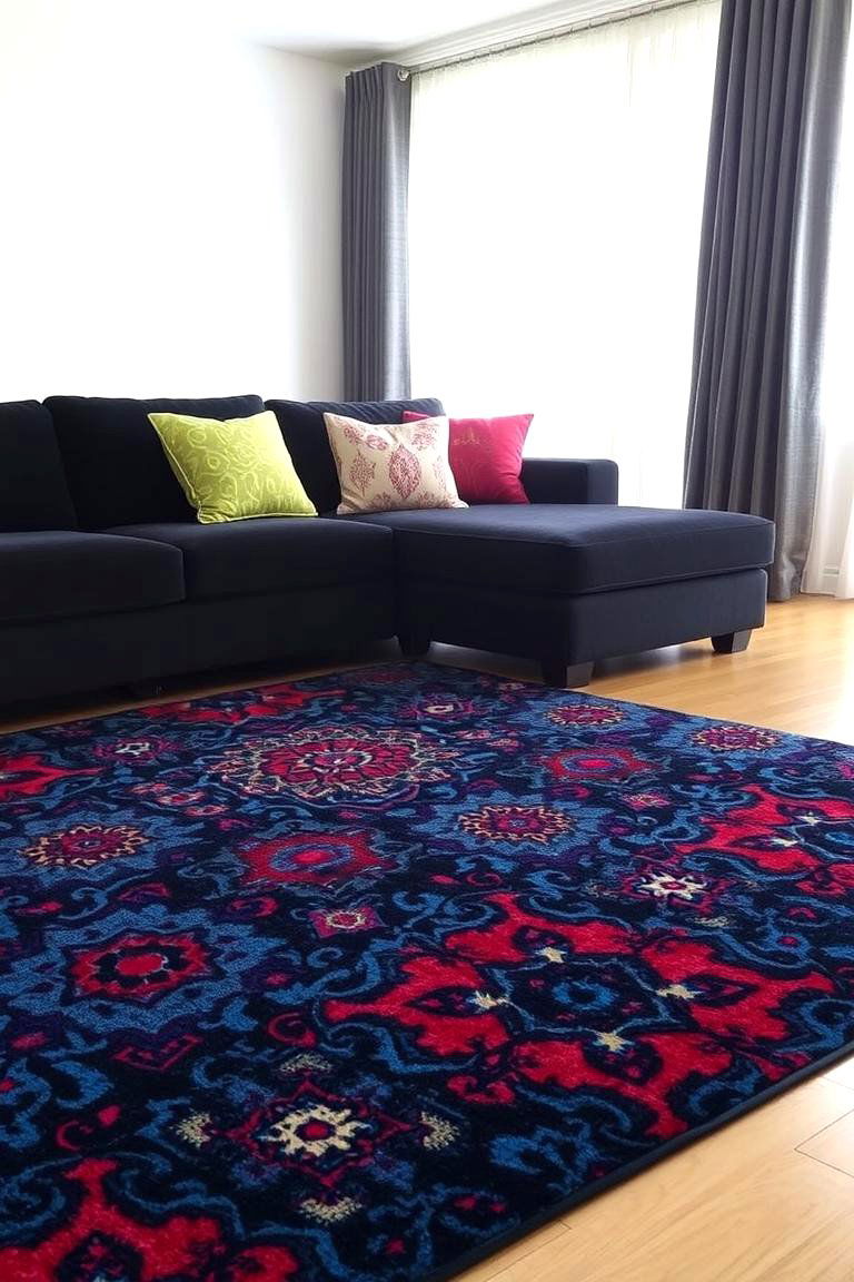 Add a Pop of Patterned Rugs - 24 Living Room Ideas With Black Couches