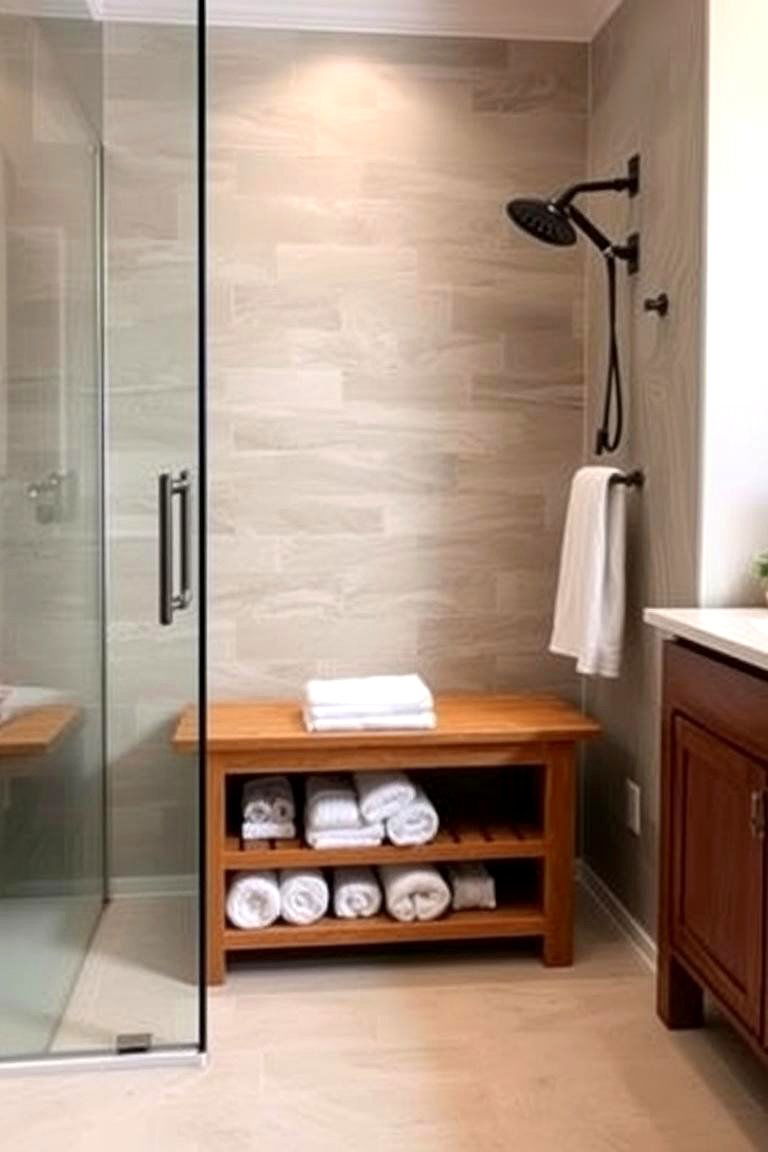 Add a Shower Bench for Comfort and Storage - 24 Bathroom Organization Ideas