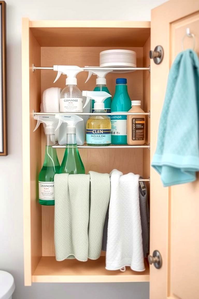 Add a Tension Rod for Hanging Products - 24 Bathroom Cabinet Organization Ideas