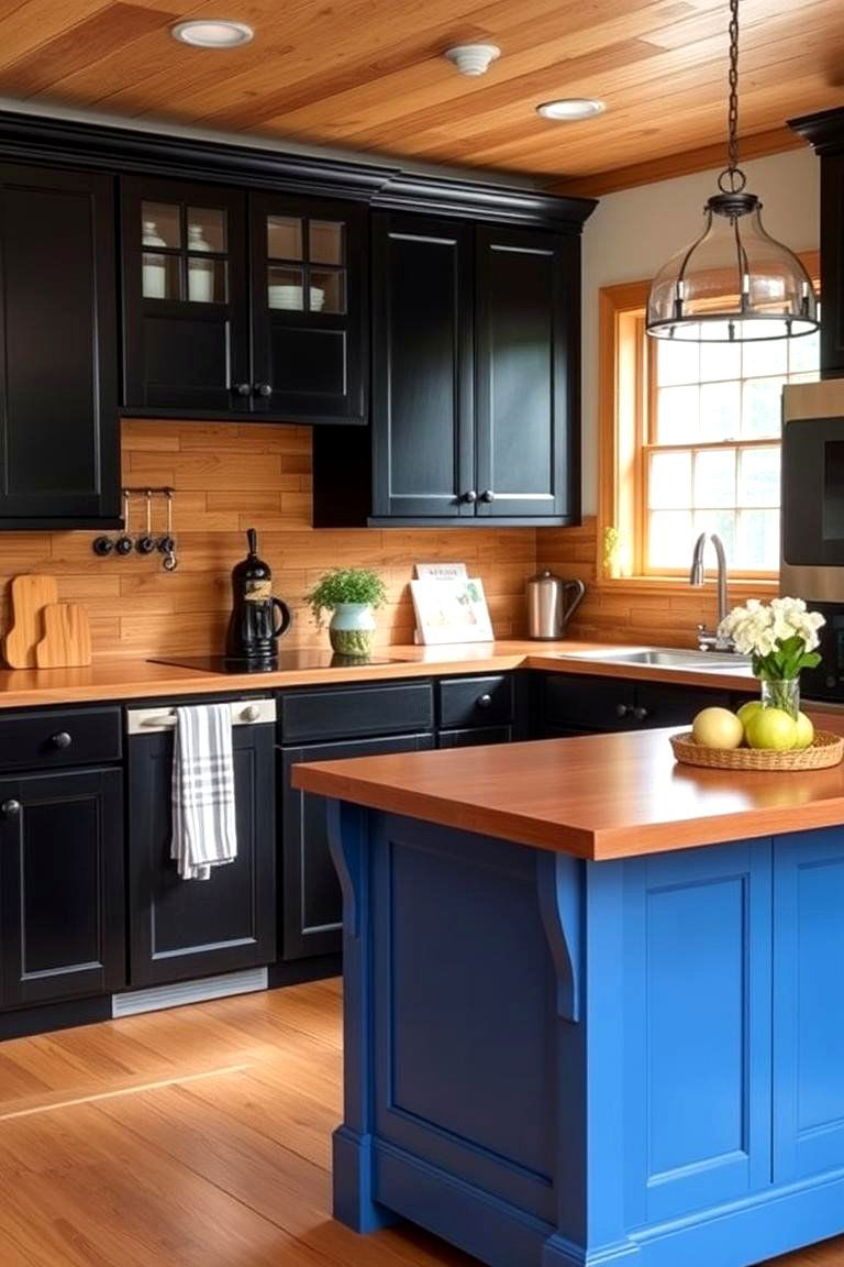 Add a Touch of Color with Painted Wood Accents - 24 Kitchen With Black Cabinets And Wood Countertops Ideas