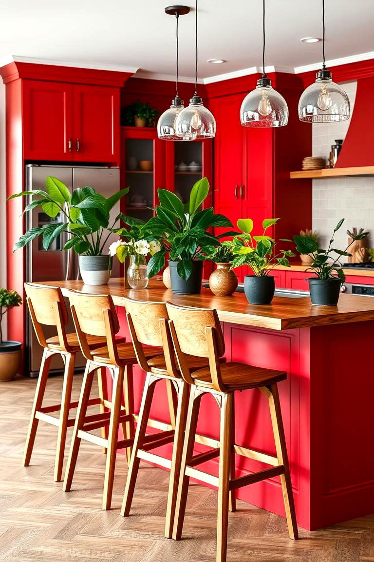 Adding Natural Touches with Wooden Accents in a Red Kitchen - 24 Red Kitchens