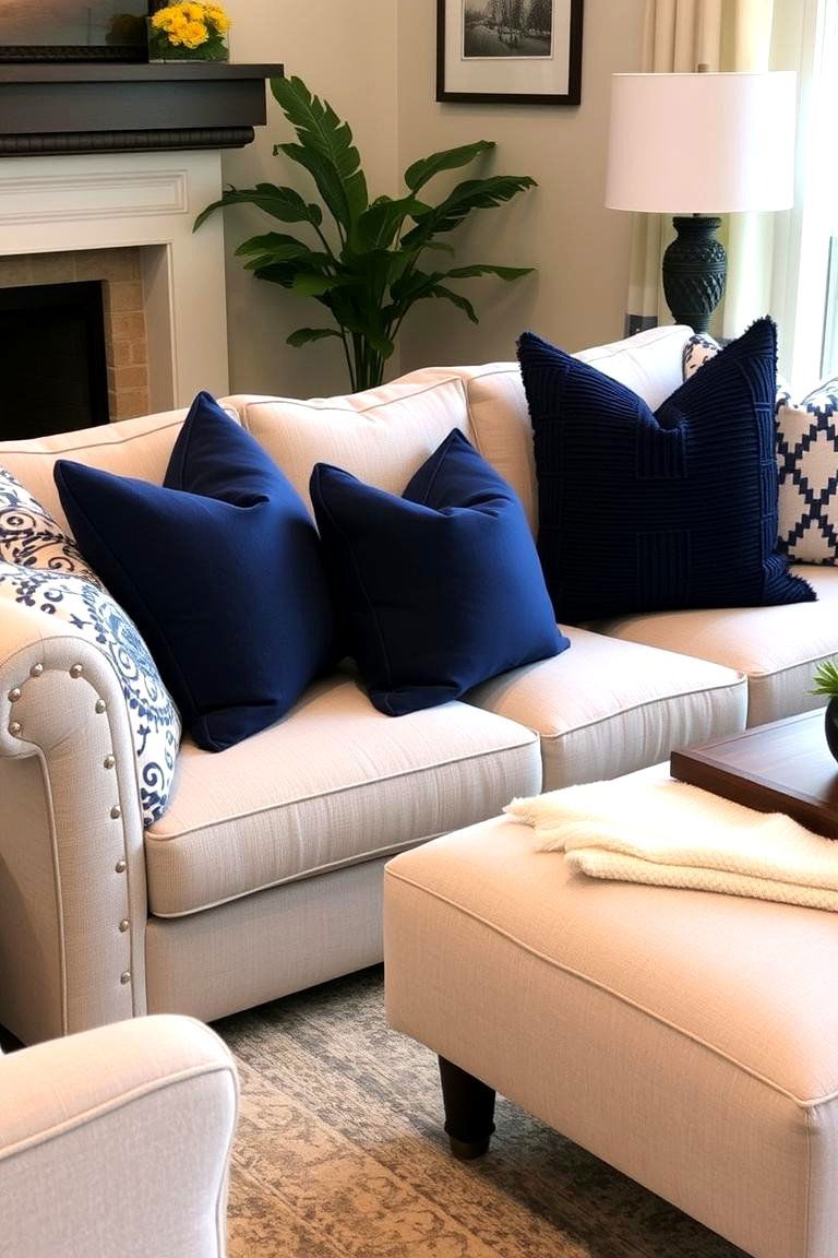 Adding Navy Blue Throw Pillows for Pops of Color - 24 Navy Blue and Grey Living Room Ideas