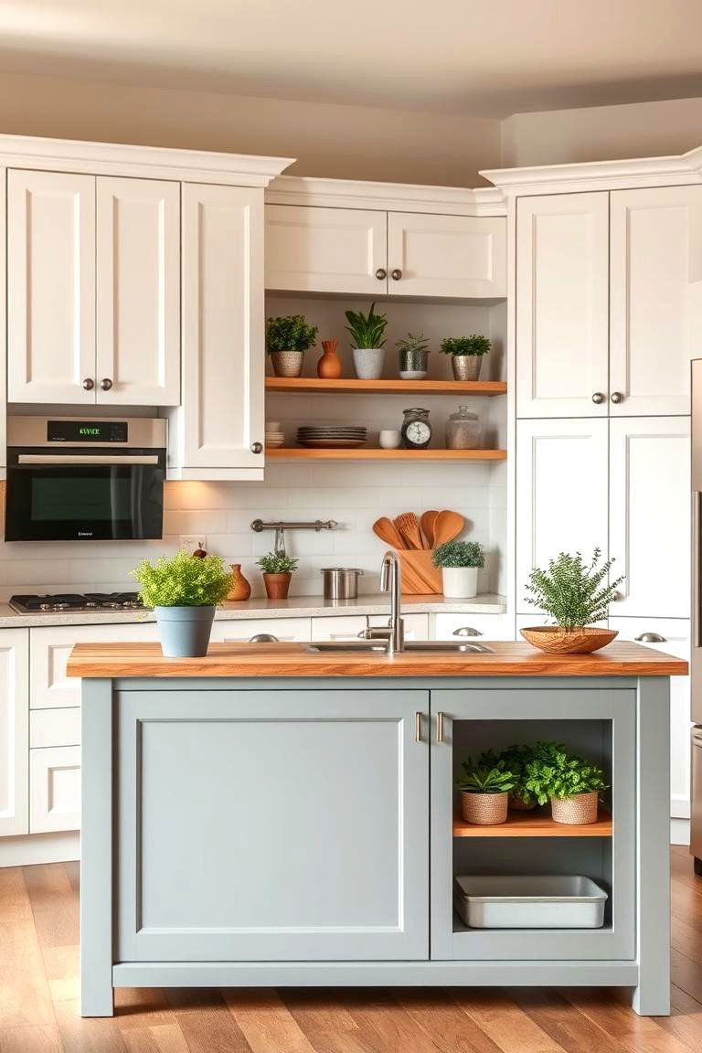 Adding Warmth with Wood Accents - 24 White Kitchen Cabinets With Blue Island
