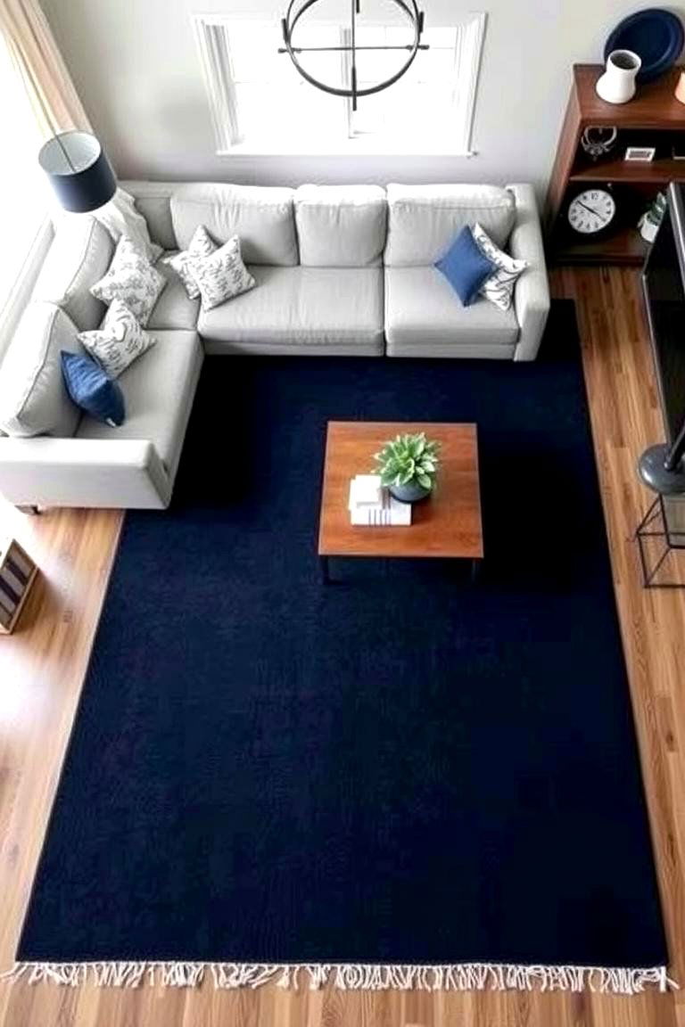 Adding a Navy Blue Rug to Ground the Space - 24 Navy Blue and Grey Living Room Ideas