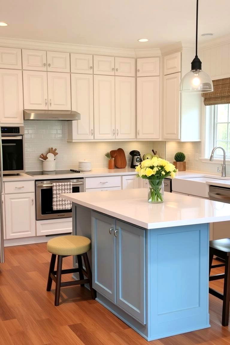 Adding a Pop of Color Beyond the Island - 24 White Kitchen Cabinets With Blue Island