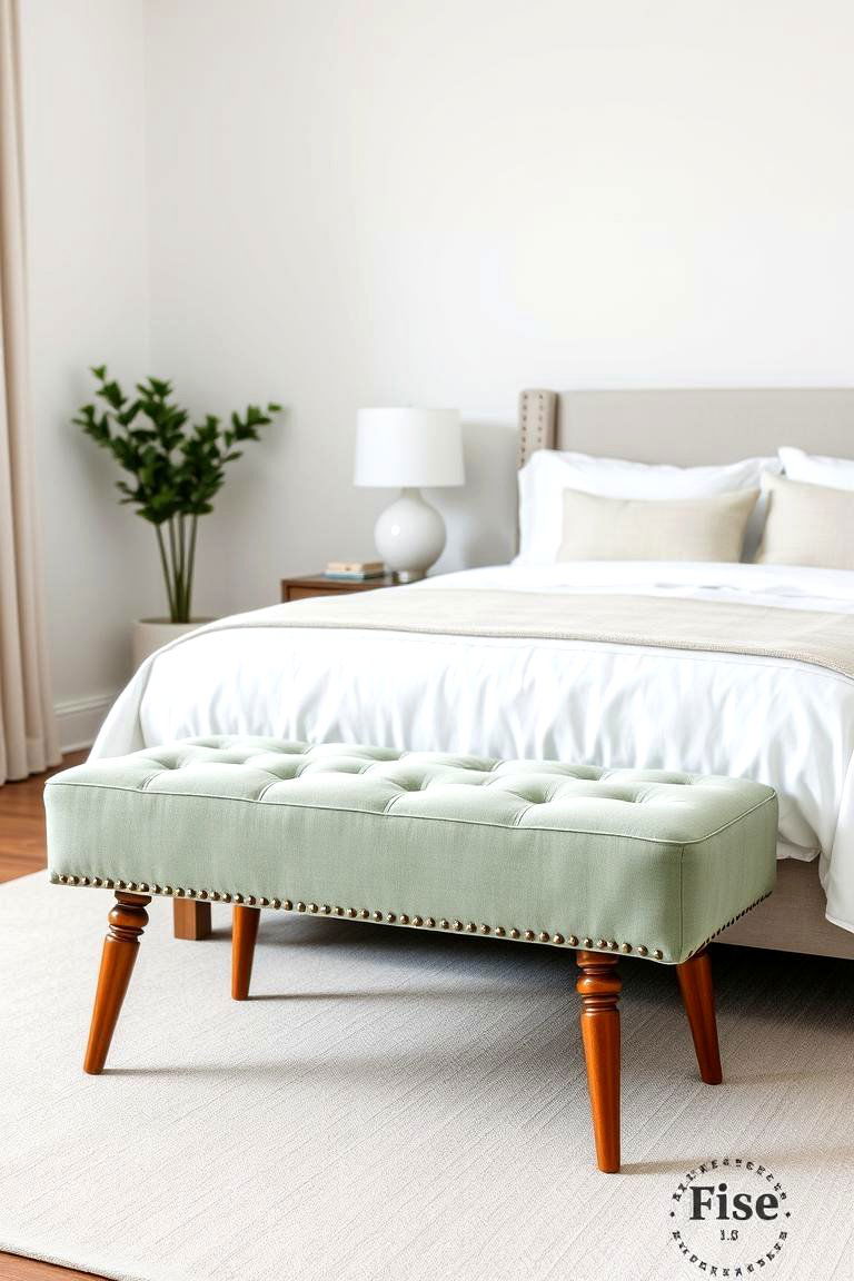 Adding a Sage Green Bench at the Foot of the Bed - 24 Sage Green Bedroom Ideas