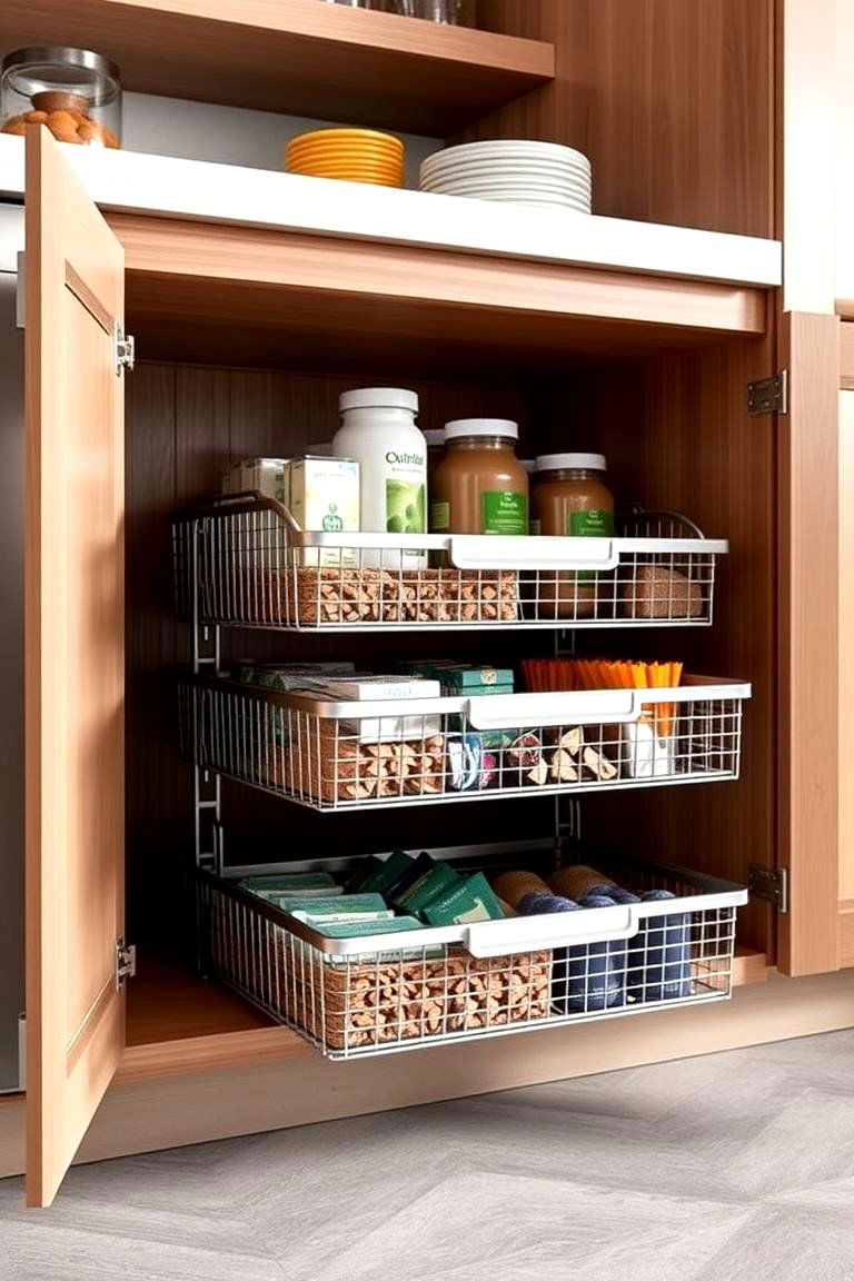 Adjustable Pull Out Baskets for Flexible Storage - 24 cabinet storage ideas