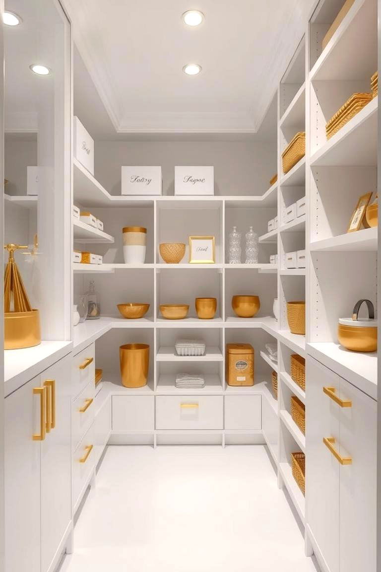 Airy White Pantries with Gold Organizers - 24 White and Gold Kitchen Ideas