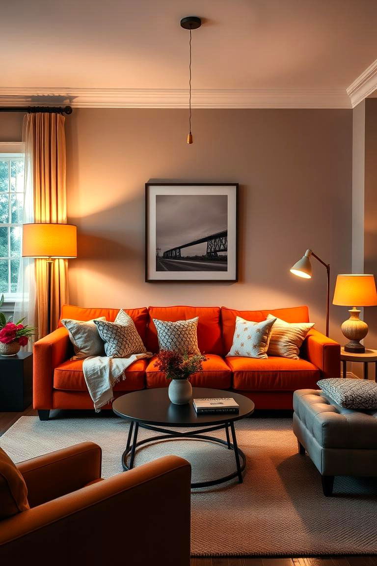 All things considered lighting plays a crucial role in showcasing an orange couch - 24 Orange Couch Living Room Ideas